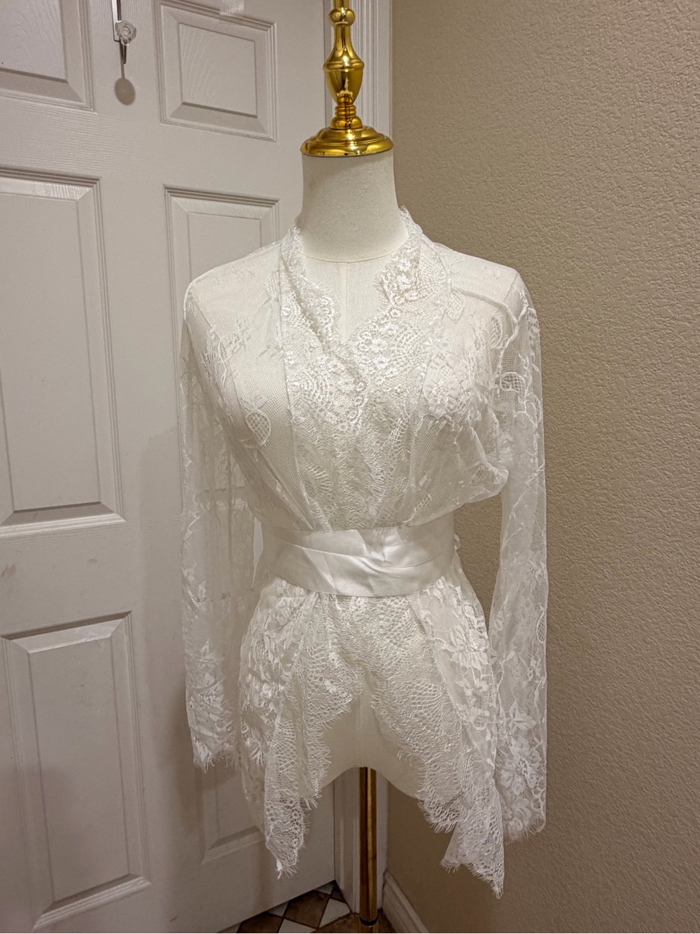 Delicate White Lace Robe with Satin Waist Tie